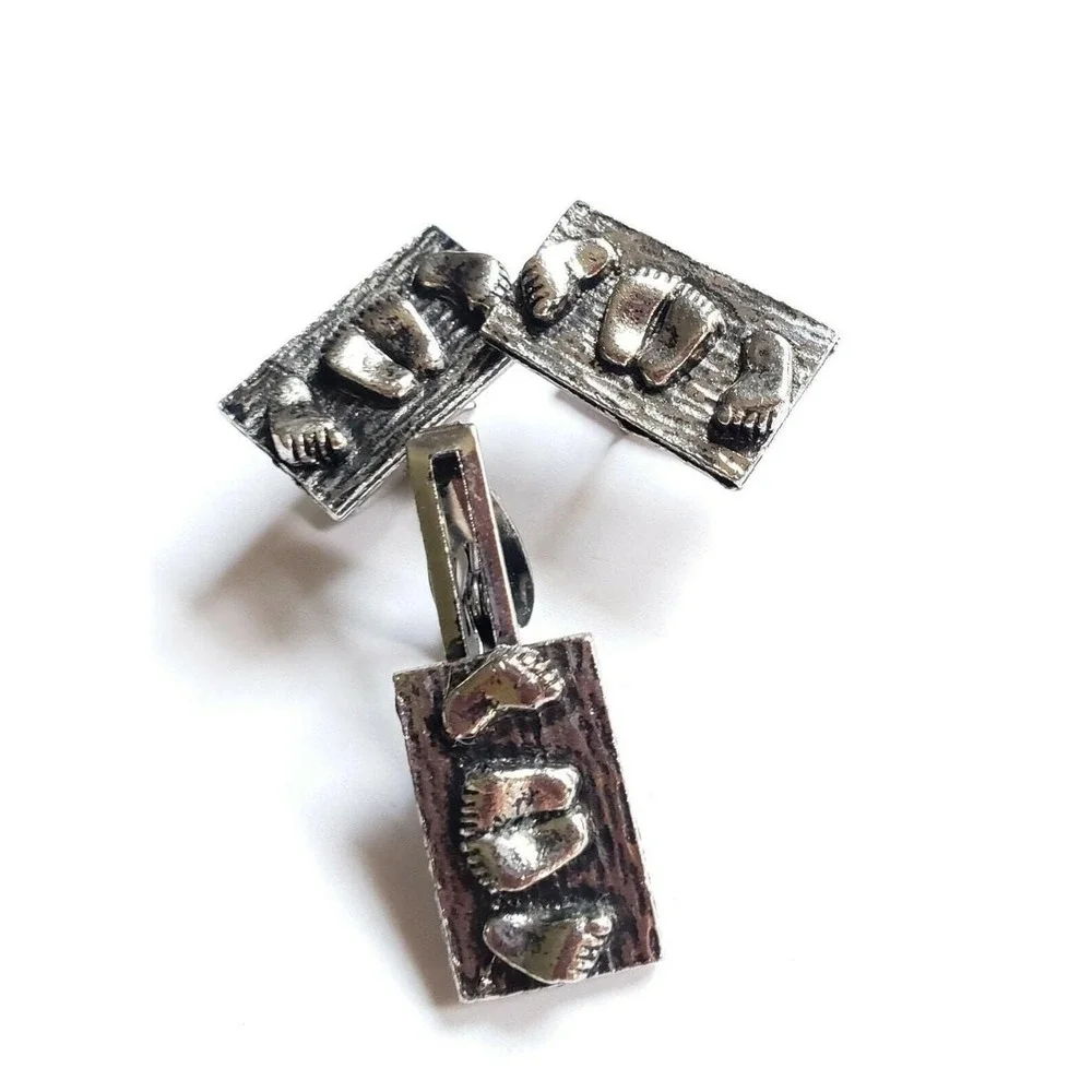 Silver Tone Footprint Cufflinks Tie Clip Baby Feet Toes Bar Clasp Twins Vintage